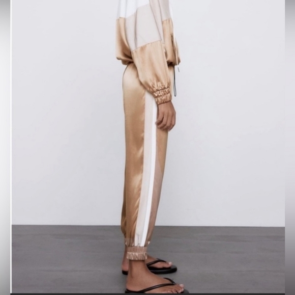 ZARA Satin Joggers. Tan with white side panel. Size XS - Picture 2 of 14